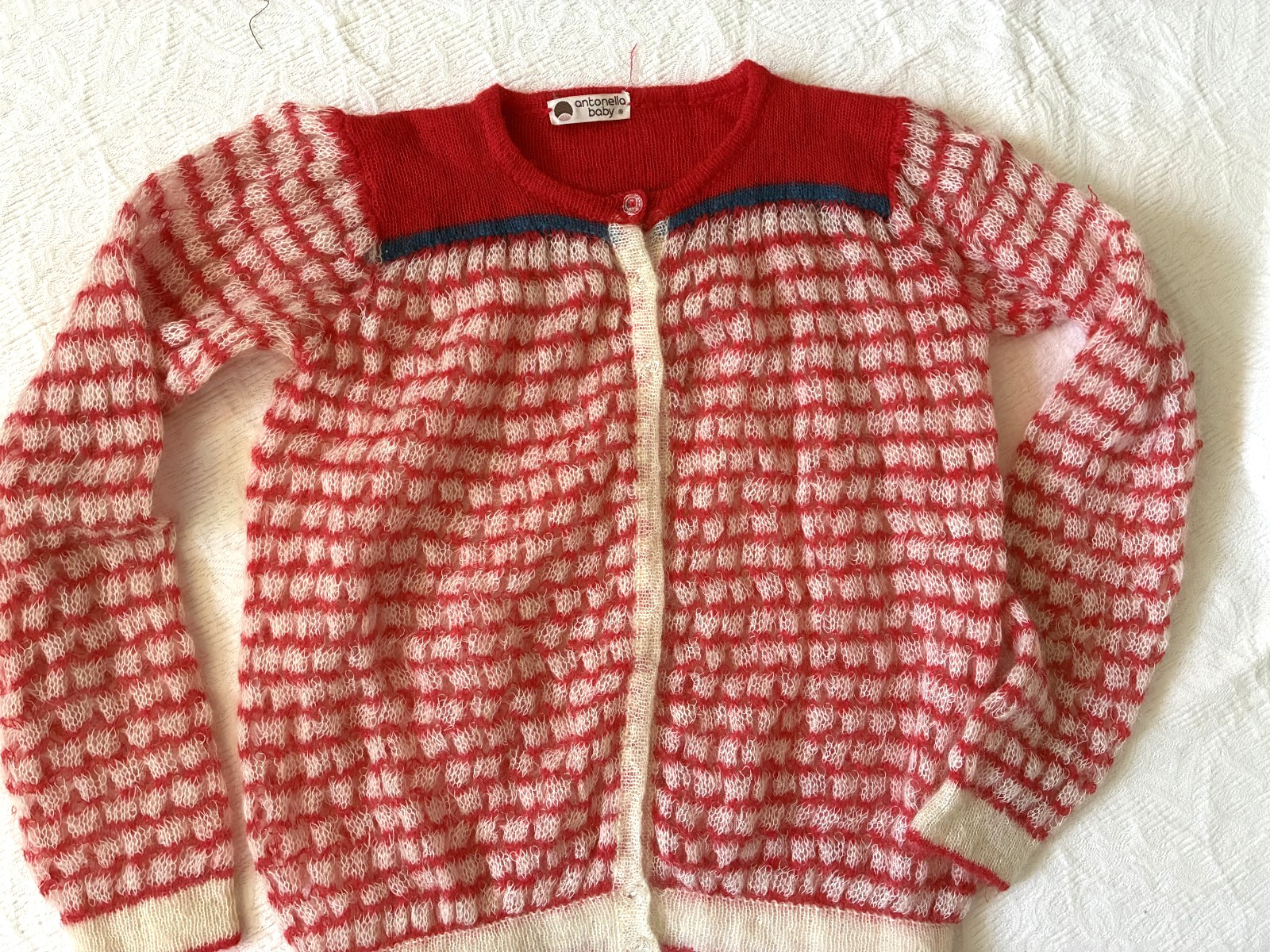 1973 Vintage Red White ANTONELLA Baby Italy Mohair Blend Cardigan Sweater « 12 » S