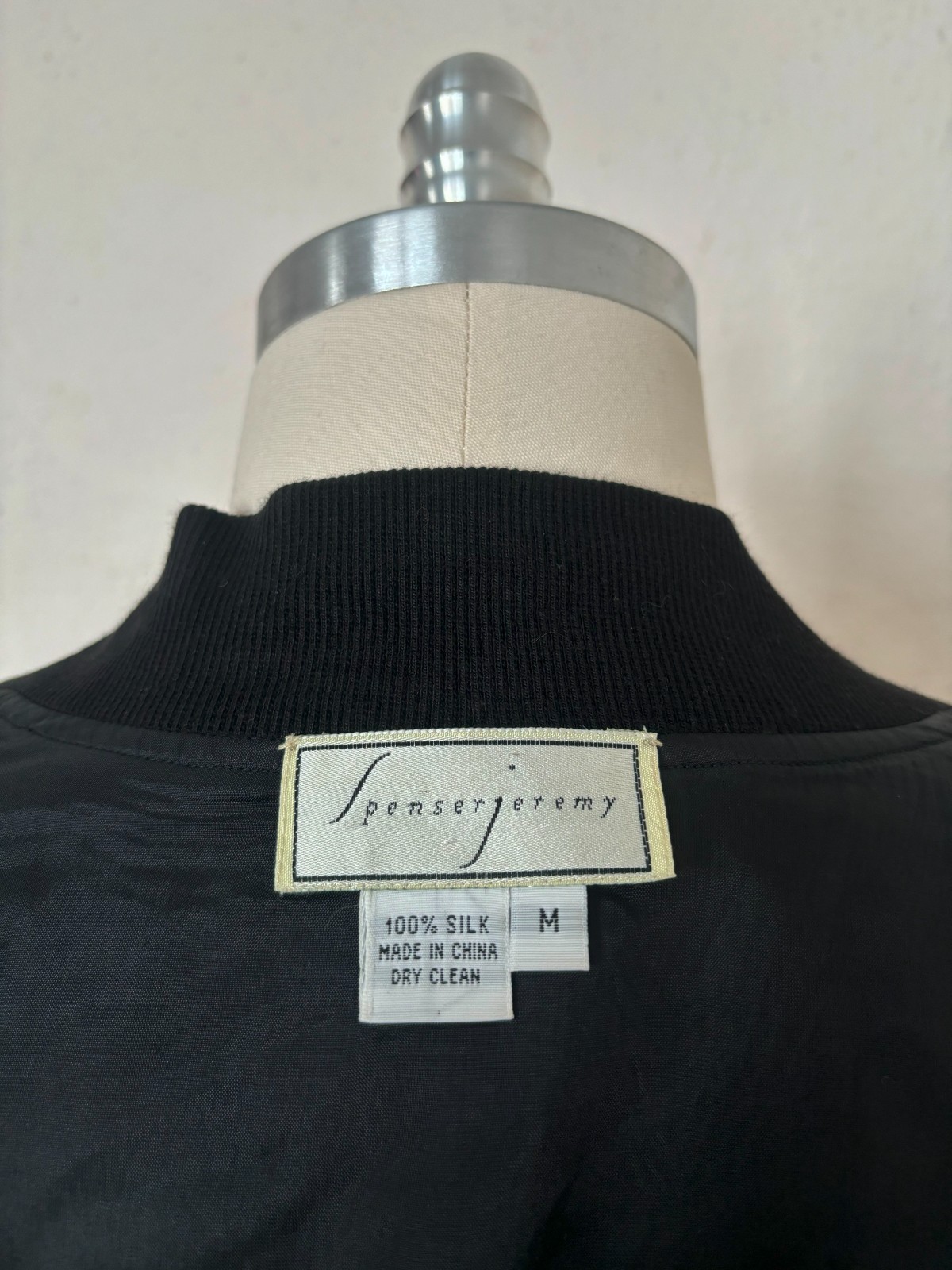 1990s Black Silk Bomber Style Jacket by Spenser Jeremy, Medium to Large