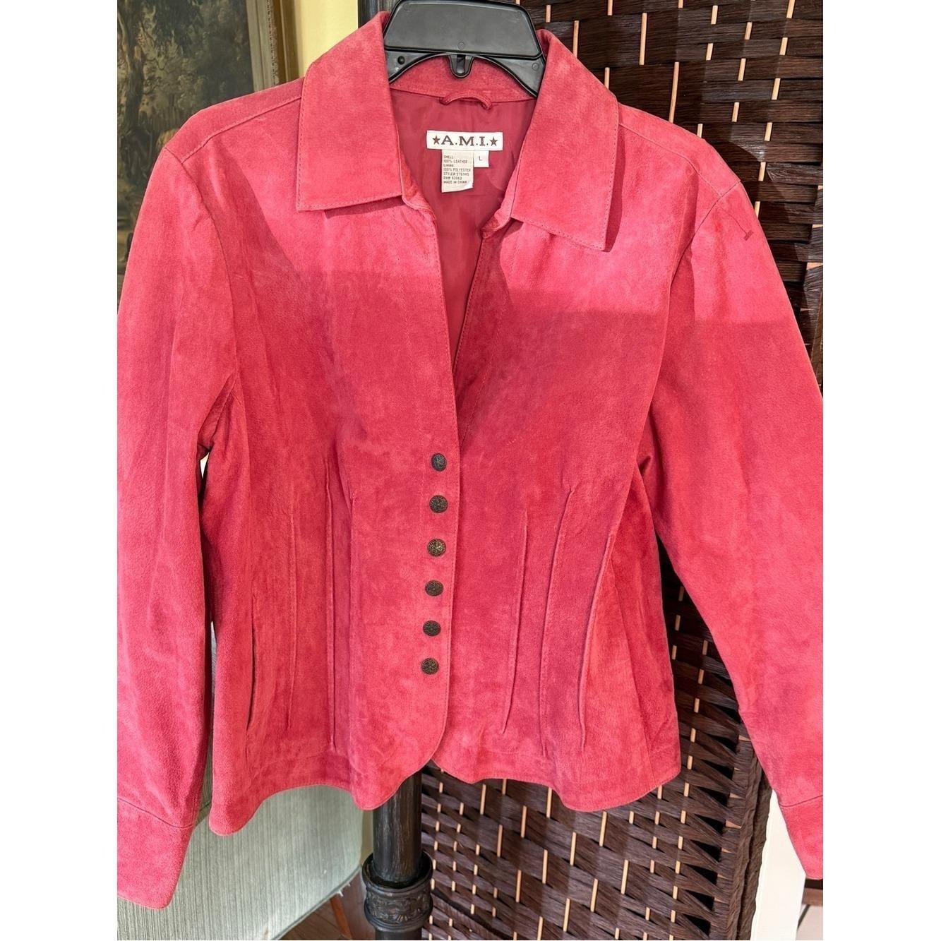 Vintage A.M.I. Pink Suede Leather Jacket Size L Pleated Corset Waist