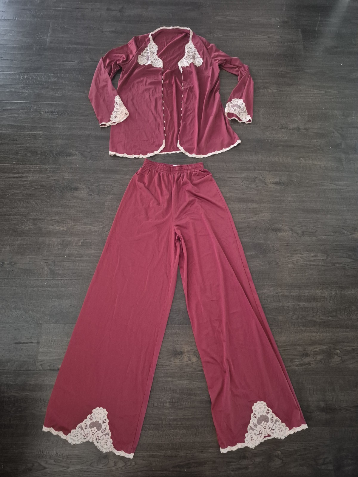 Vintage Vanity Fair Nylon Pajama Set in Burgundy and Beige with Lace Trim, 30