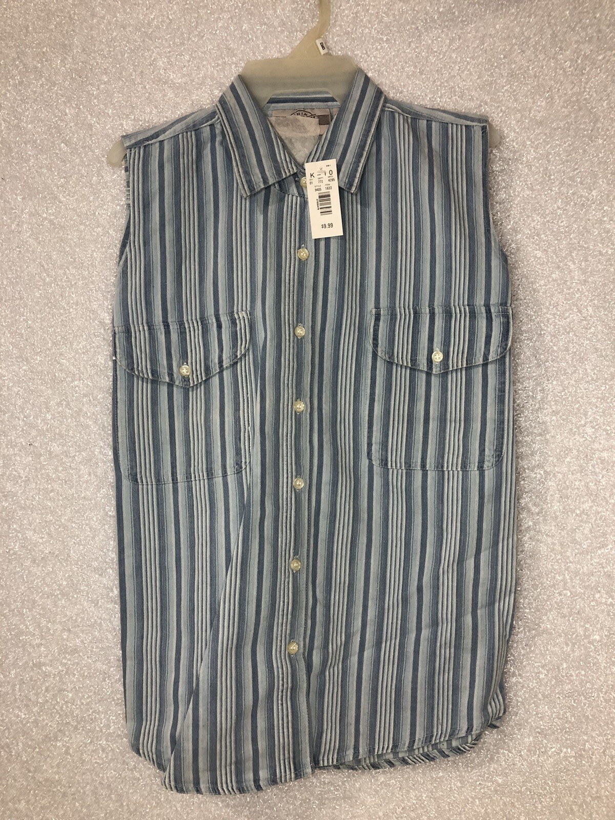 VTG DENIM REPUBLIC M SLEEVELESS BUTTON DOWN BLUE STRIPED SHIRT WOMEN Has Tags