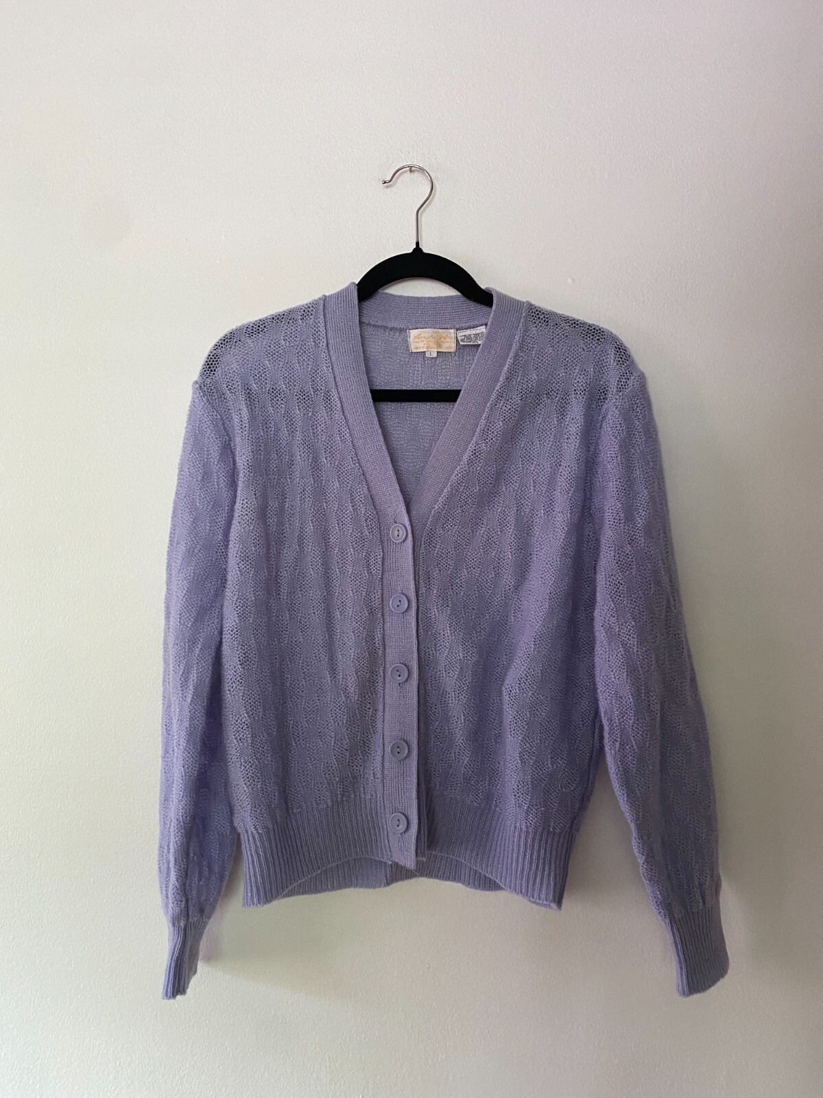 VTG 1960s MCM Lavender Acrylic Knit Cardigan Korea Large Pastel Coquette