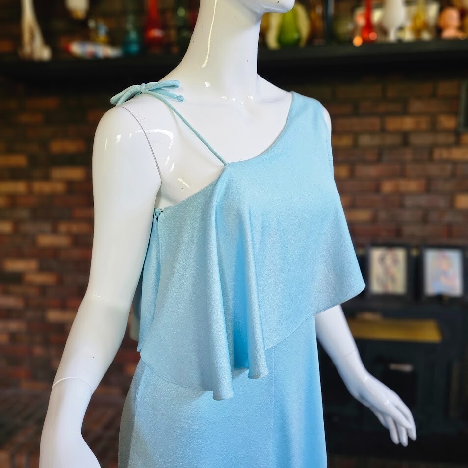 Vtg 70s Disco Cold Shoulder Soul Train Liquid Jersey Maxi Evening Dress Gown S/M