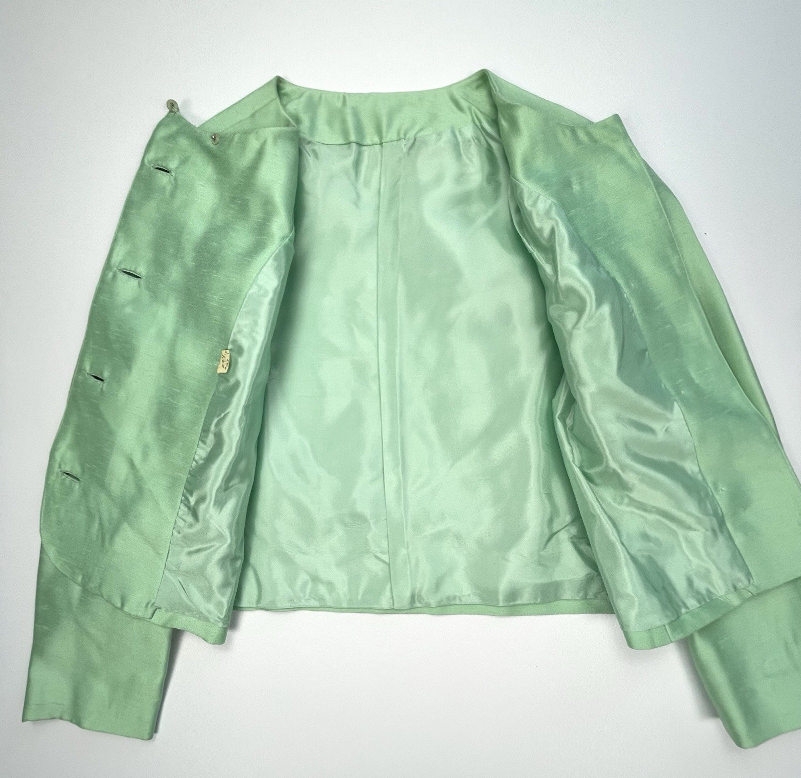 Vtg 60s Sakowitz Mint Green Dress Jacket Set Beaded Rhinestone Collar Suit Sz 12