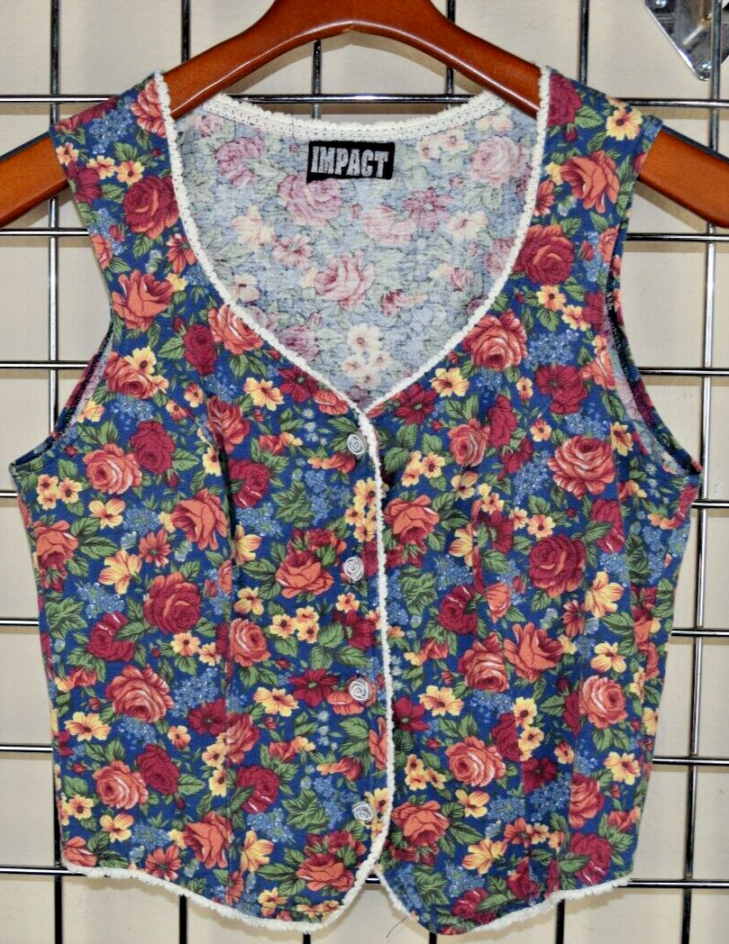 Vintage Floral Rose Shirt Impact Size S/M 70s Red Blue Yellow Green Buttons Lace