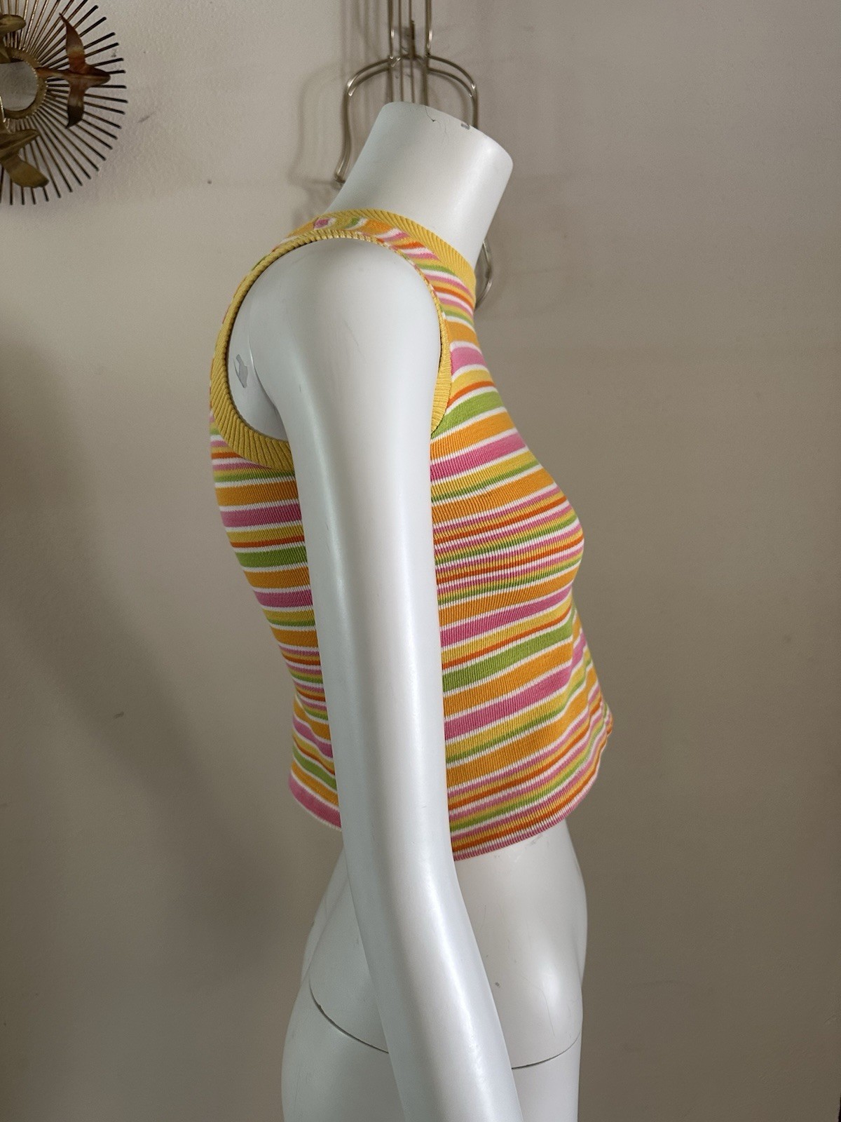1960s 70s Stripe Knit Crop Tank Top Mod Resort Sportswear Surf Pink XS S VTG