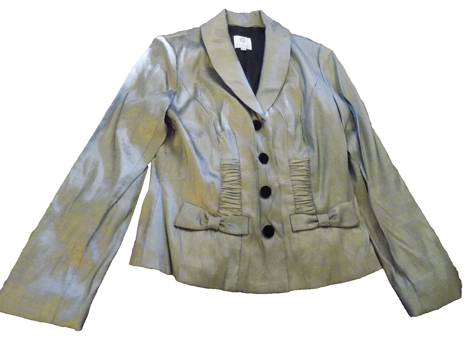 Vtg Patra Metallic Bronze 4 button Bow gathered accents Blazer Jacket EUC Sz 10