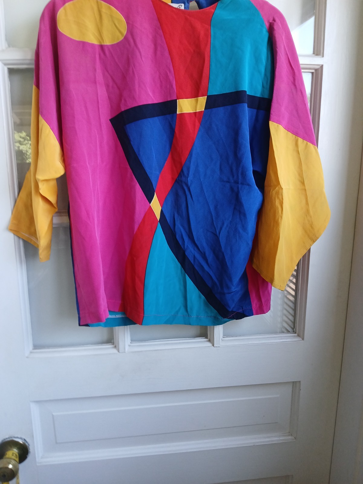 vtg 80&rsquo;s silk color block blouse mister c oversized medium teal raspberry blue