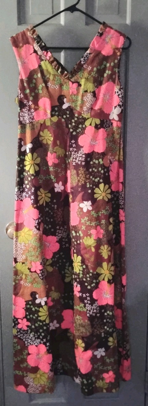Vtg 60s Hukilau Fashions Hawaiian Barkcloth Maxi Dress 14 Hibiscus Pink Brown