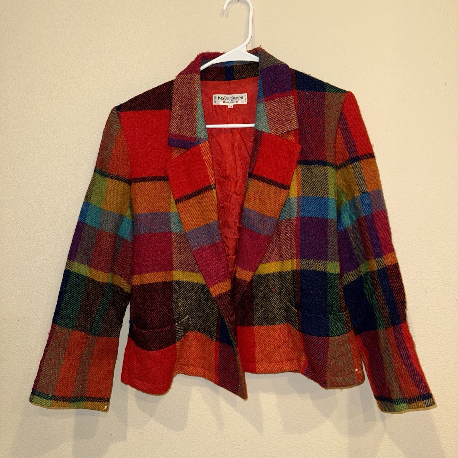Vintage Yves Saint Laurent Rive Gauche Madras Plaid Tweed Jacket, 100% Fine Wool