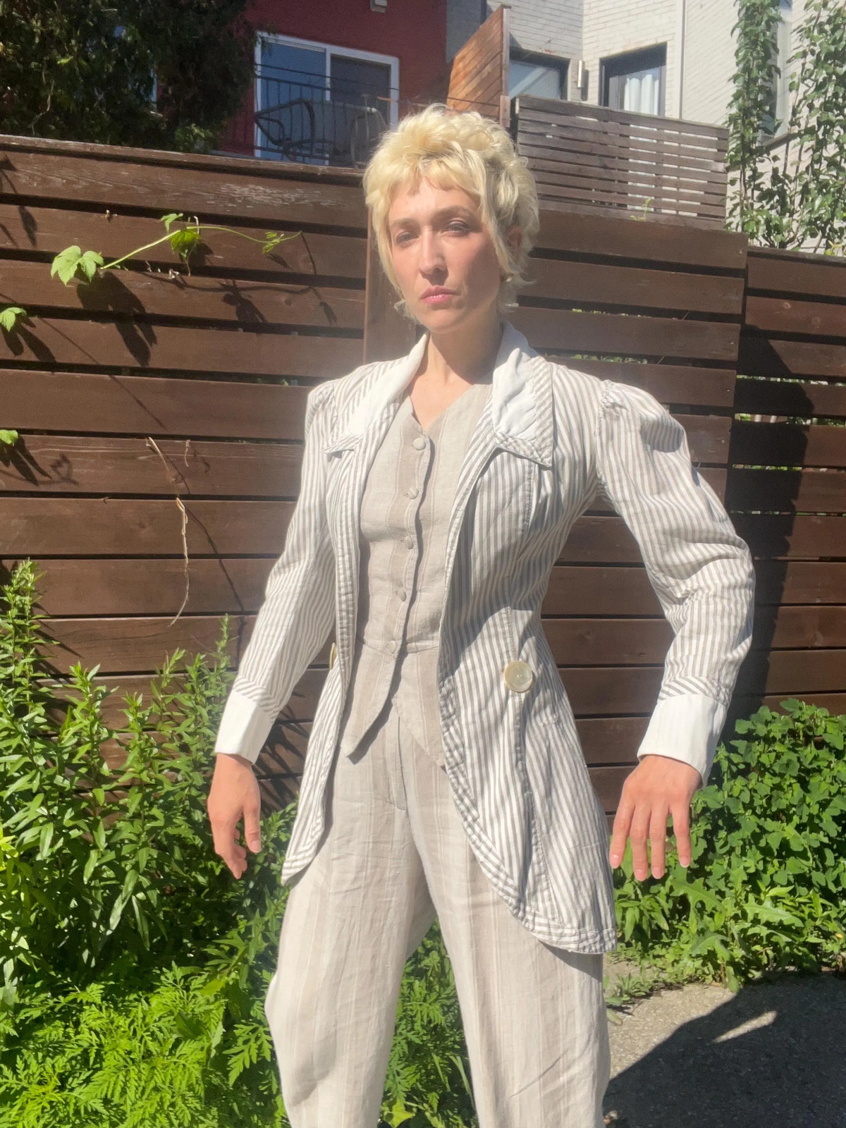 VICTORIAN PINSTRIPED LINEN Antique Walking Suit Jacket with Mutton Sleeves