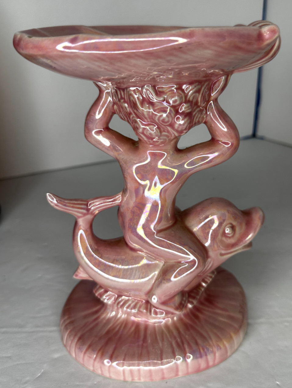 Holland Mold Ceramic Pink Iridescent Cherub on Dolphin Trinket Soap Dish – 1979