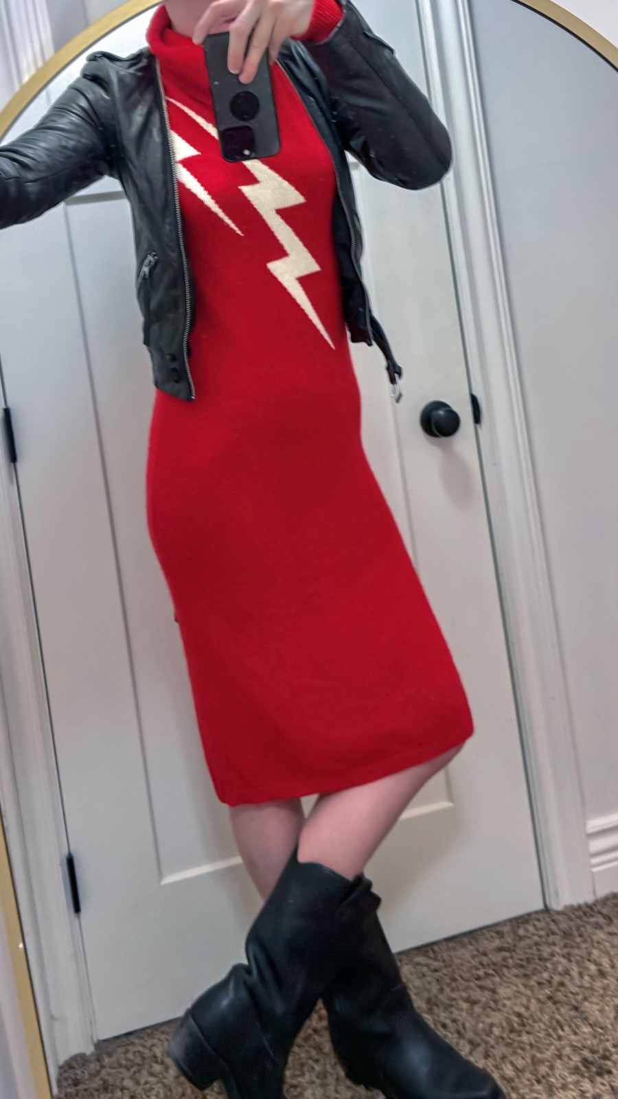 Vintage 80’s LIGHTNING BOLT SWEATER DRESS M Turtleneck Red Long Sleeved Intarsia