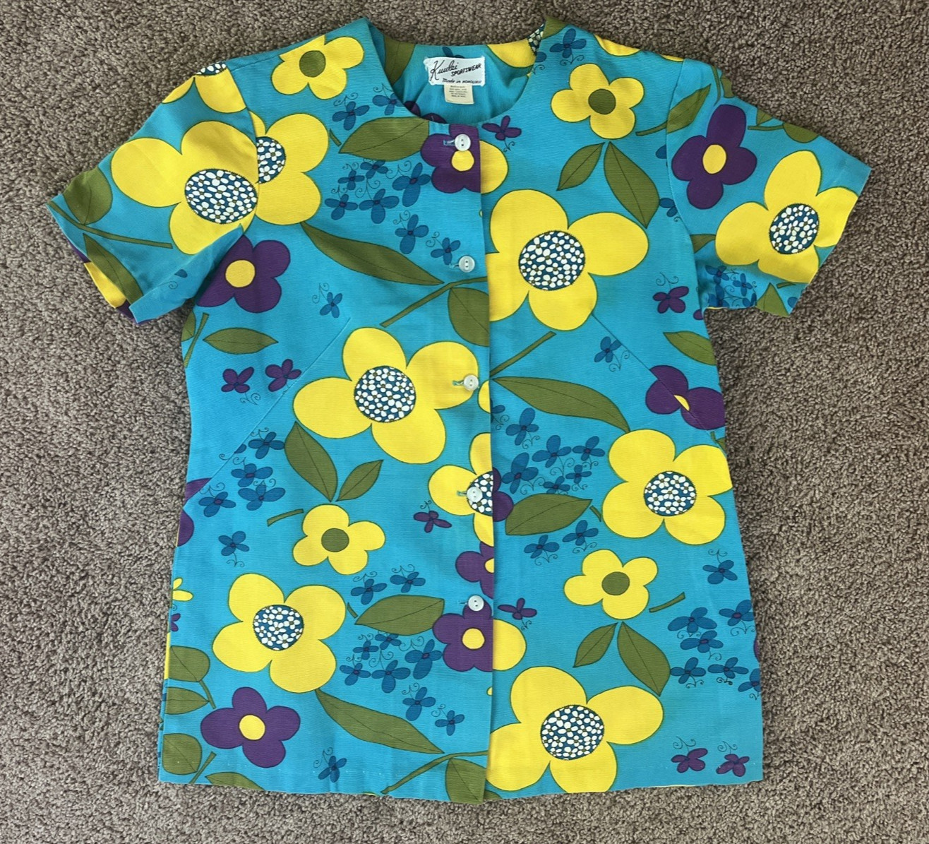 Vintage 60s Kuulei Sportswear Turquoise Hawaiian Barkcloth Blouse-34&Prime; Chest