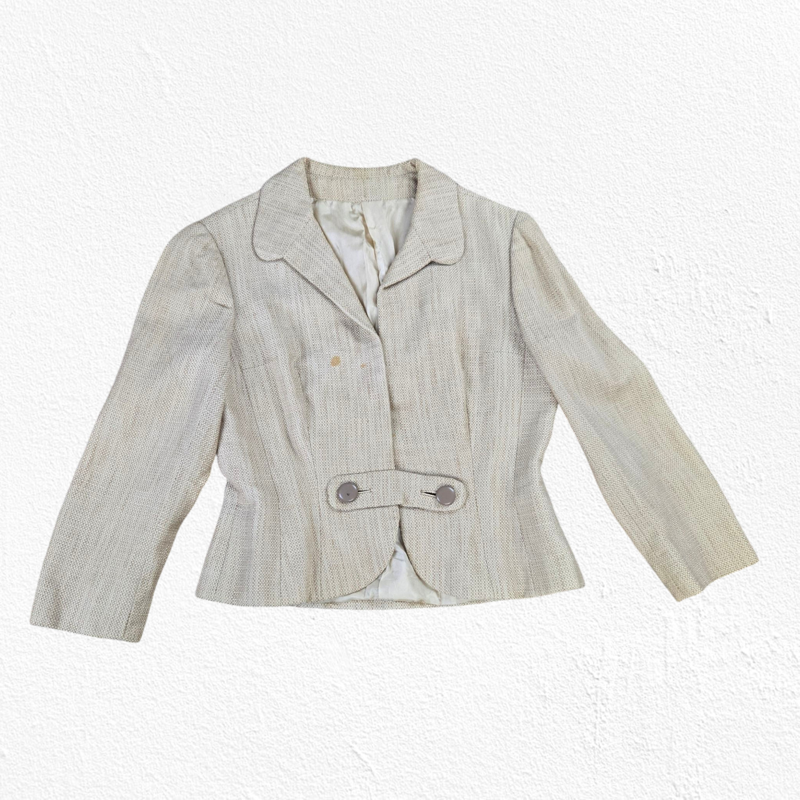 50s Vintage Adele Simpson Beige Tweed Blazer Sheath Classic Dress Set Size 2
