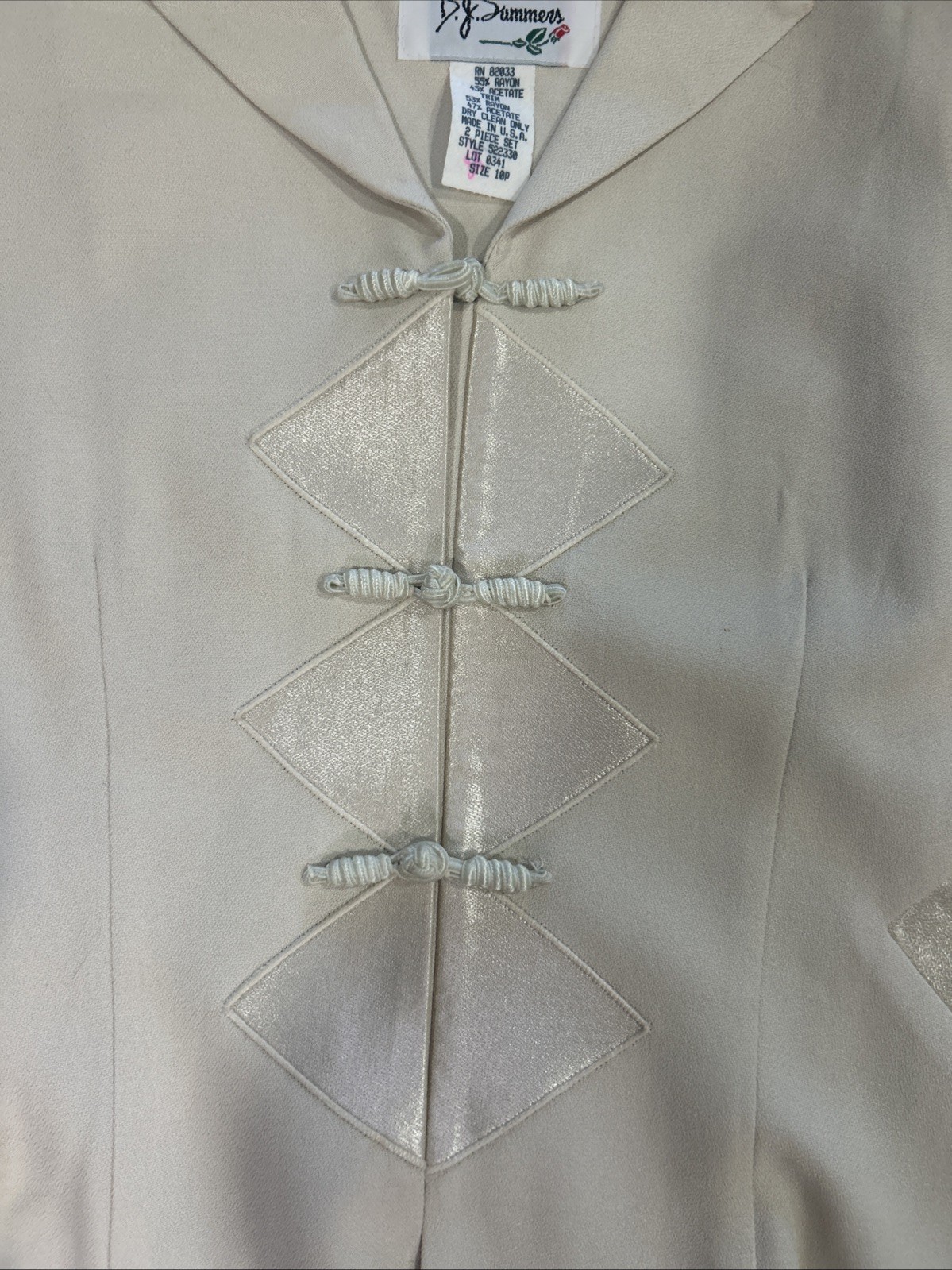 Vintage D.J. Summers Cream Satin Jacket 10P Frog Closure Made in USA 90s