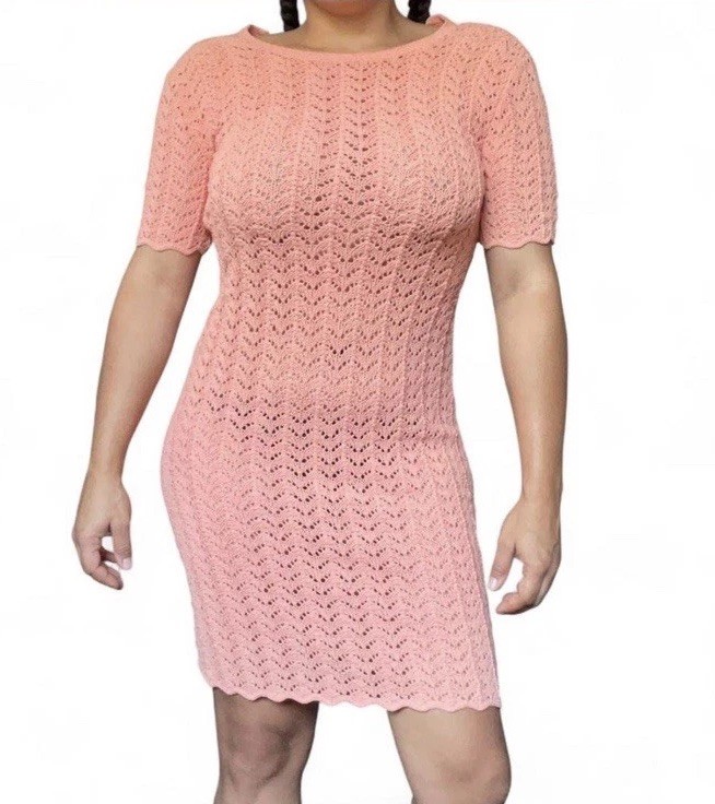 Salmon pink vintage open crochet mid length zipper back dress 60s or 70s 1970s