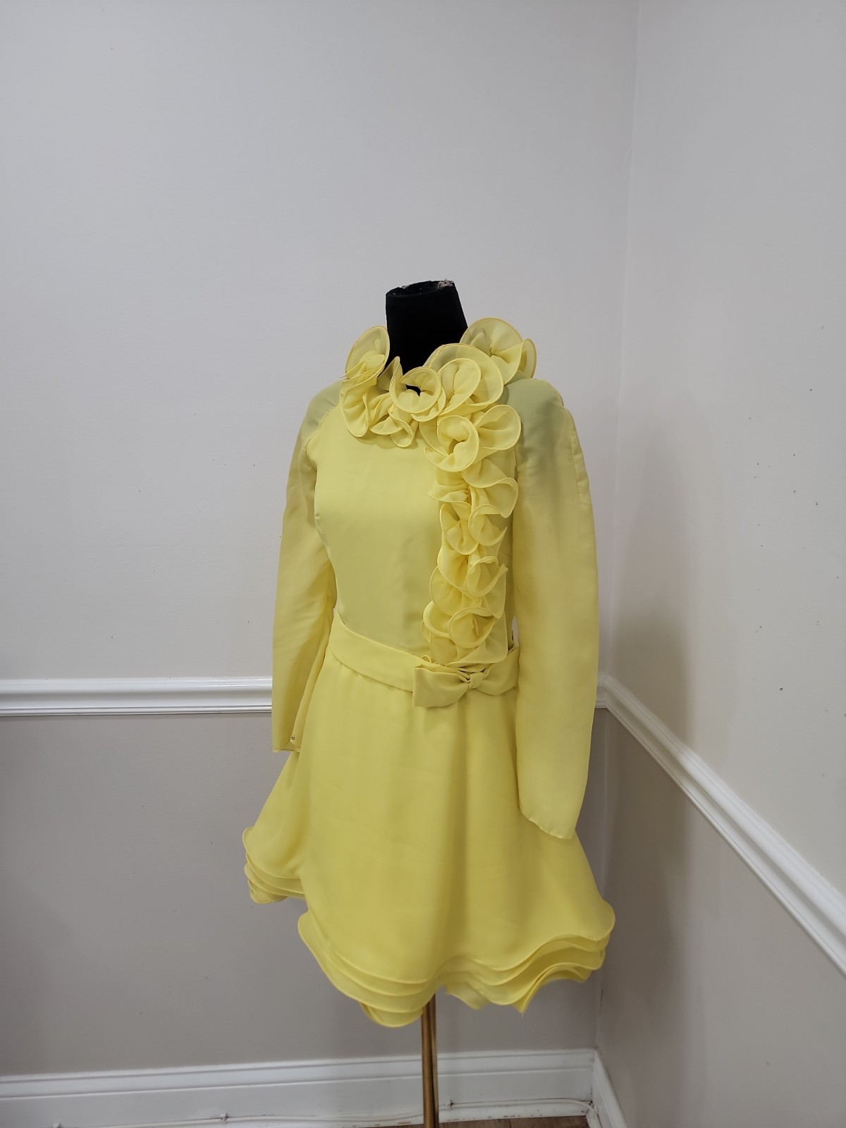 VTG 60&rsquo;s&rsquo;70s Pouponne Anvers Belgium Yellow Chiffon Ruffle Mini Dress Mod