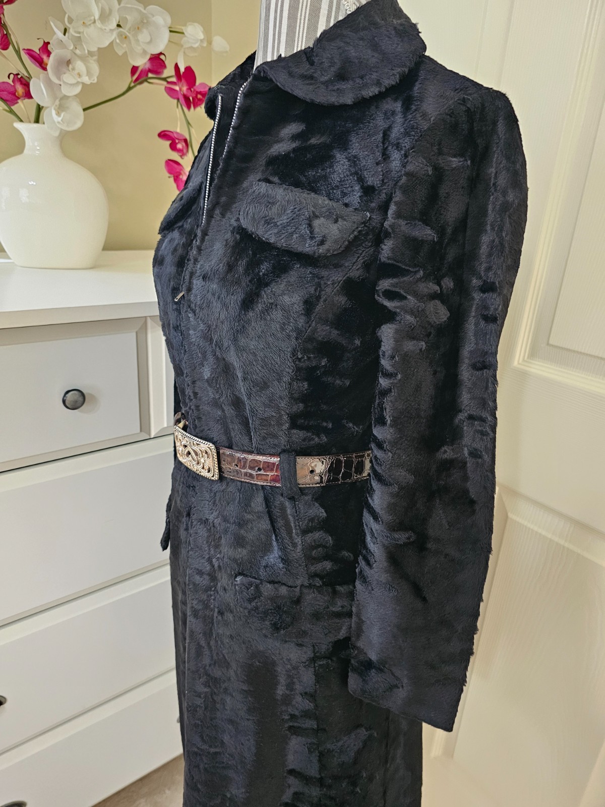 VTG 1960s Adele Simpson Womens Black Crushed Velvet Half Zip Coat Dress Sz. M