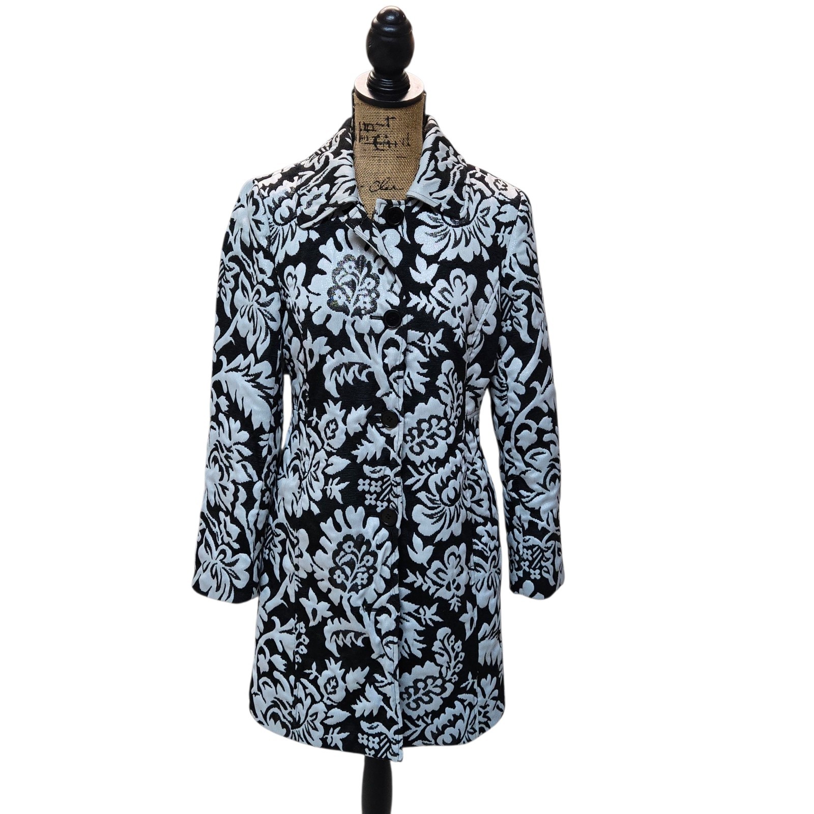 Vtg Harold&rsquo;s Dept Store Midi Trench Style Dress Coat Bold Black & White Floral