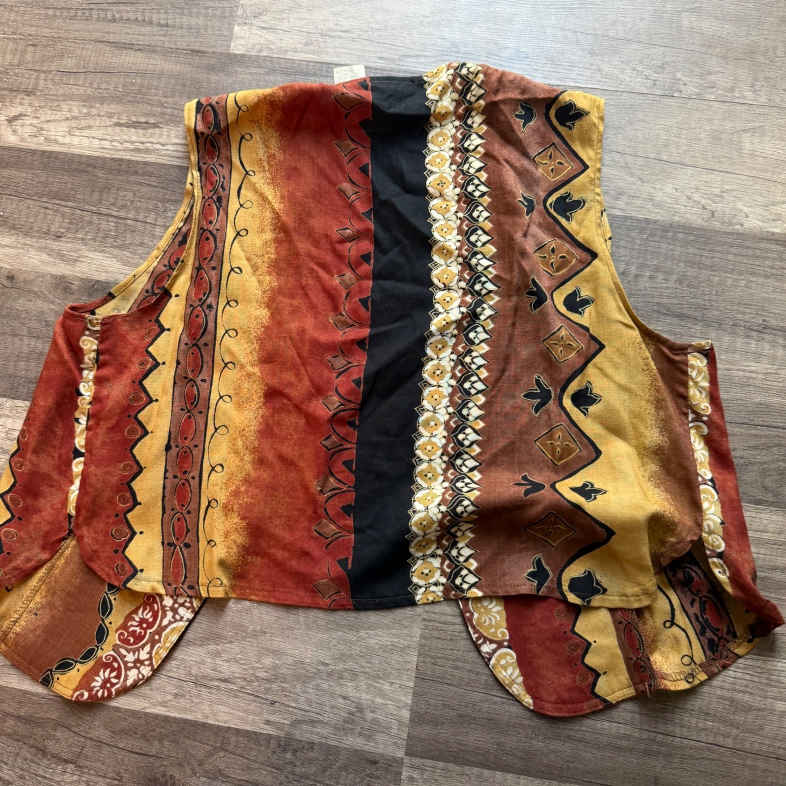 Maggie Lawrence Vintage Rayon Vest Small Tribal Abstract Print Boho Rust Mustard