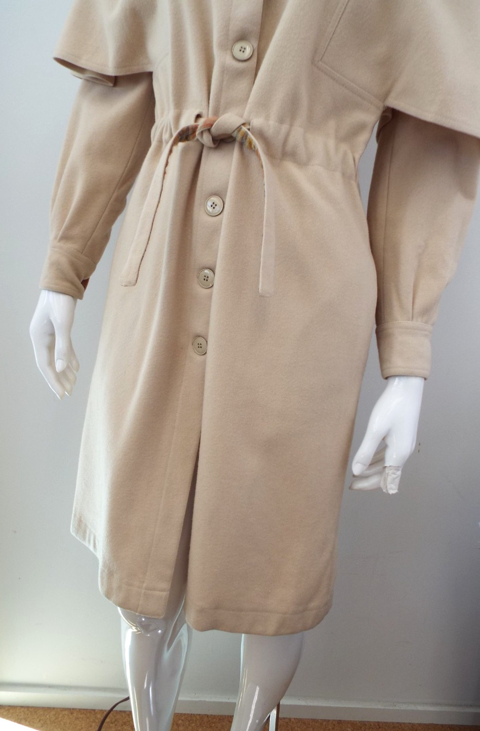 VTG 1970s KENZO JAP Beige Wool Coat Dress Size 8 Cape Pockets Sakowitz Houston