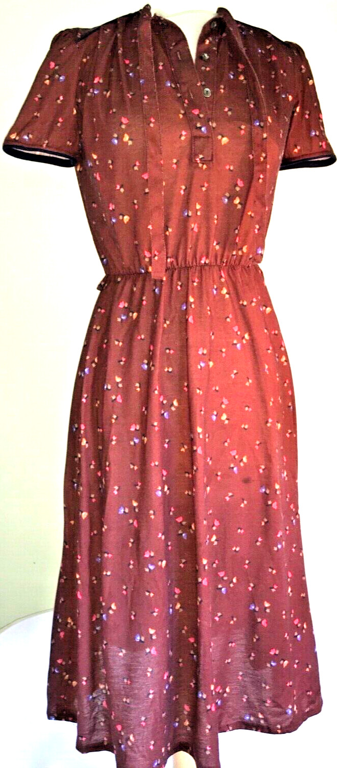 Vintage Byer Too! 70s Prarie Cottage Dress Size 3 Elastic Waist Brown Sundress
