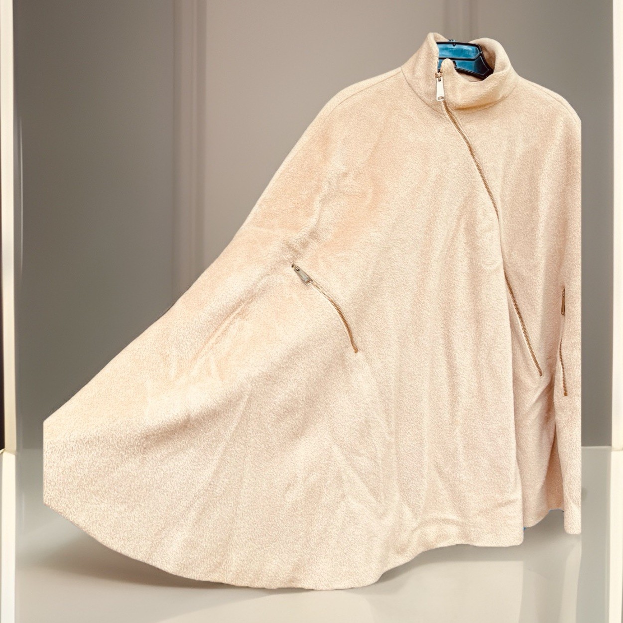 50s 60s Saks 5th Ave Wool Midi Cape Coat VTG Camel Hi Collar Front Zip
