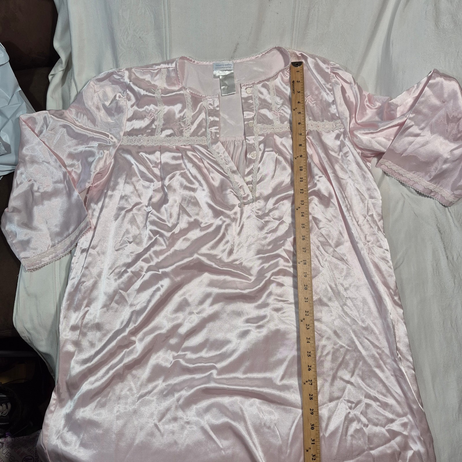 VTG Heavenly Bodies Miss Elaine Pink Satin Nightgown Lace Trim Cottagecor 2XL
