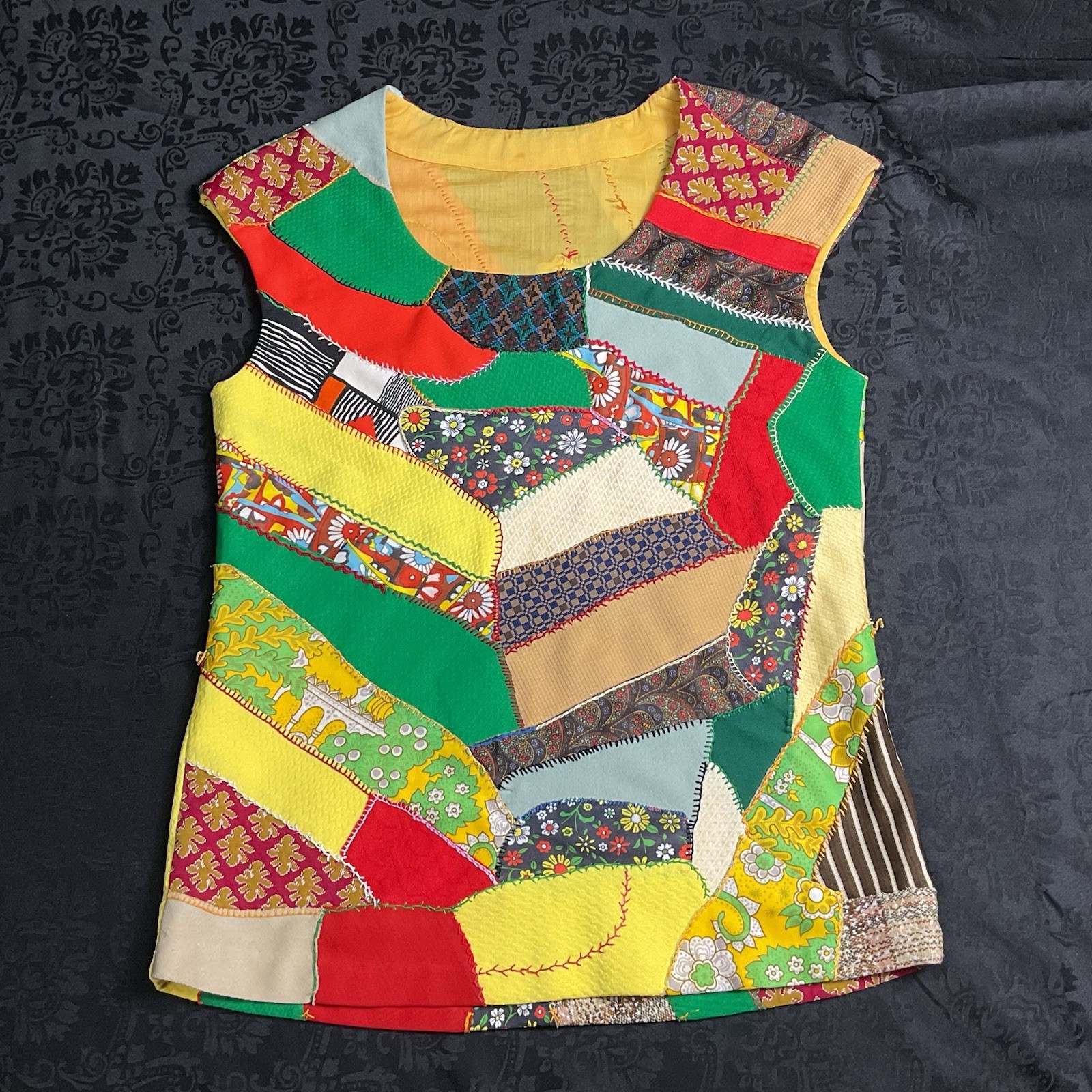Vintage Patchwork Quilted Shirt 19” Bust Handmade 70’s Hippie Boho Kitschy Lined