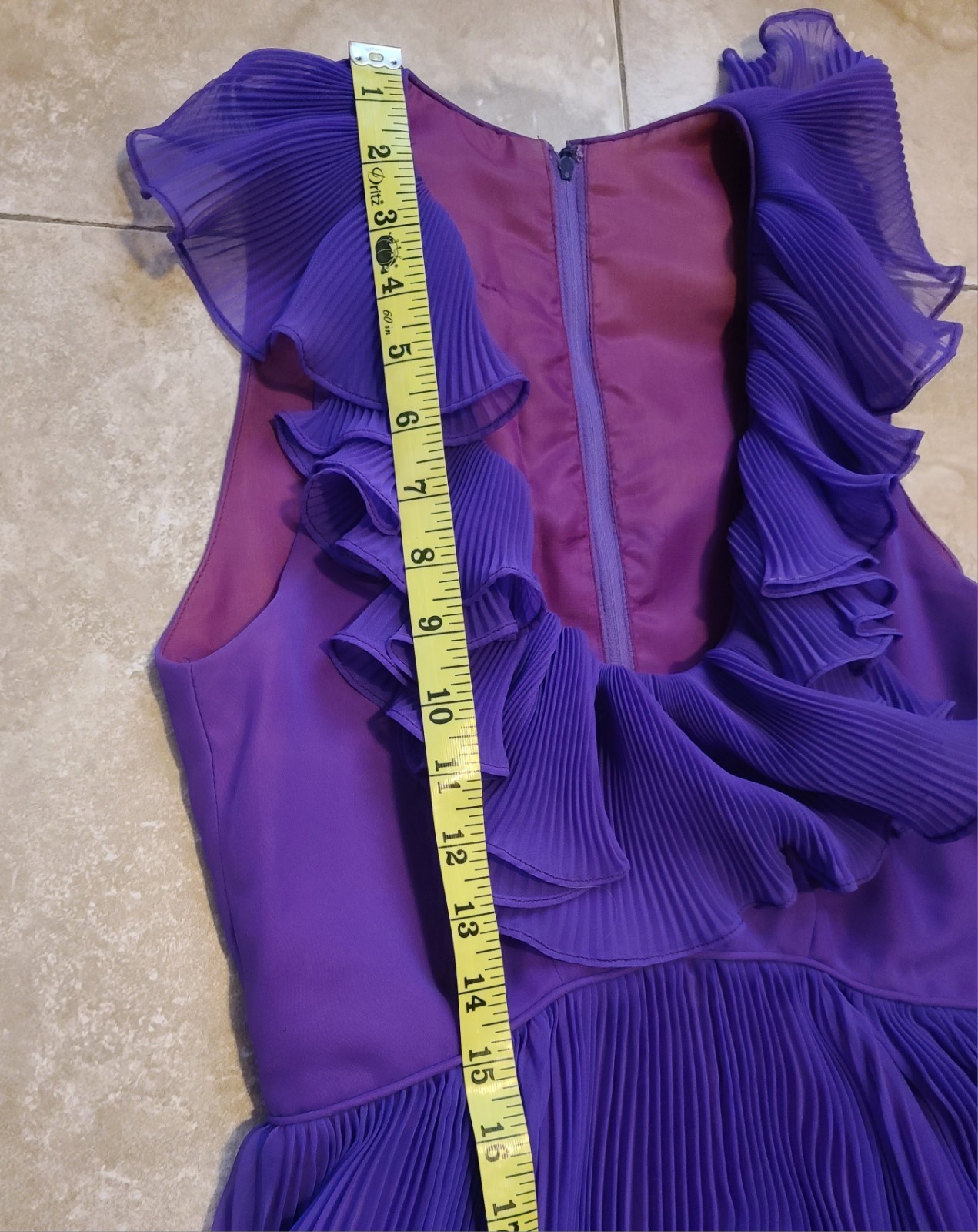 VTG Chiffon Pleated Rainbow Stripe Purple Maxi Dress Ruffle Collar V Neck UV Glo