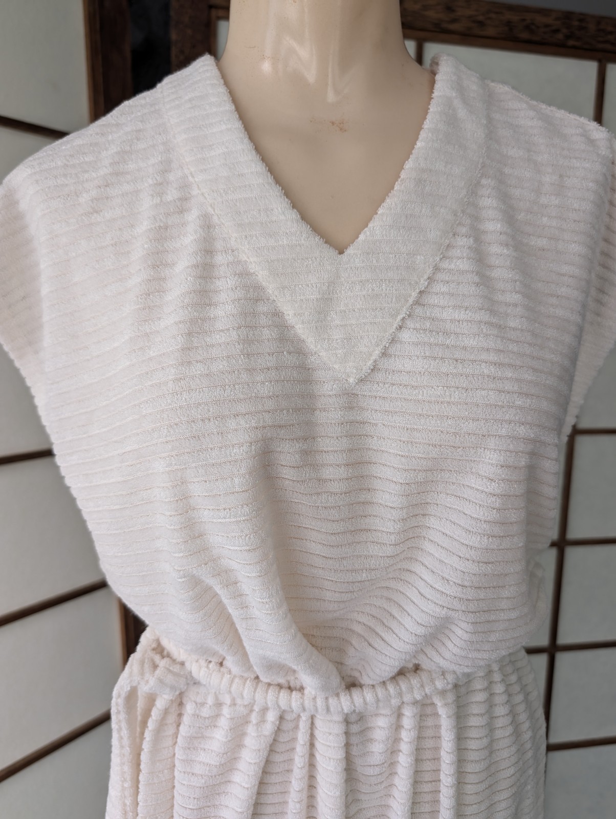 Vtg 1970s 80s Textured Terry Cloth Dress Swim Cover-up White Sz L Belted V-Neck