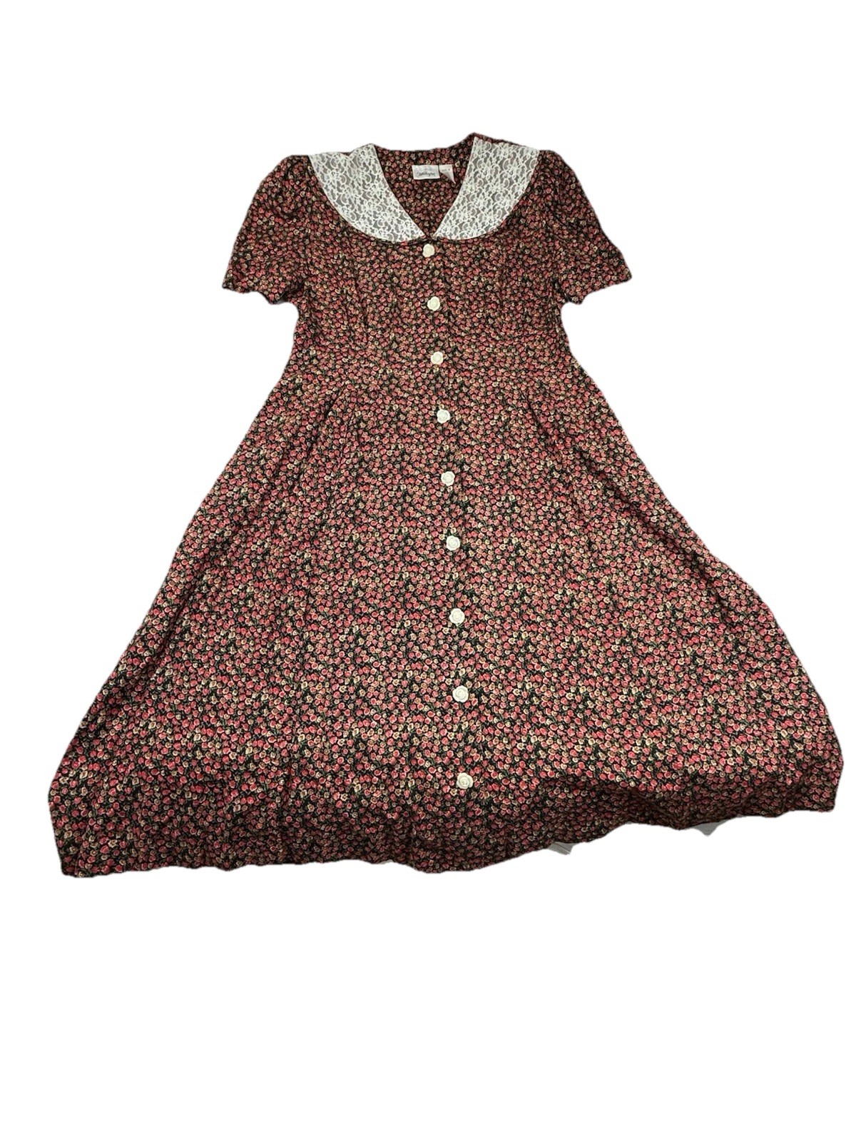 VTG 90s Red Ditsy Floral Shirt Dress 18 Peter Pan Lace BeetlesJuice Collar Fairy