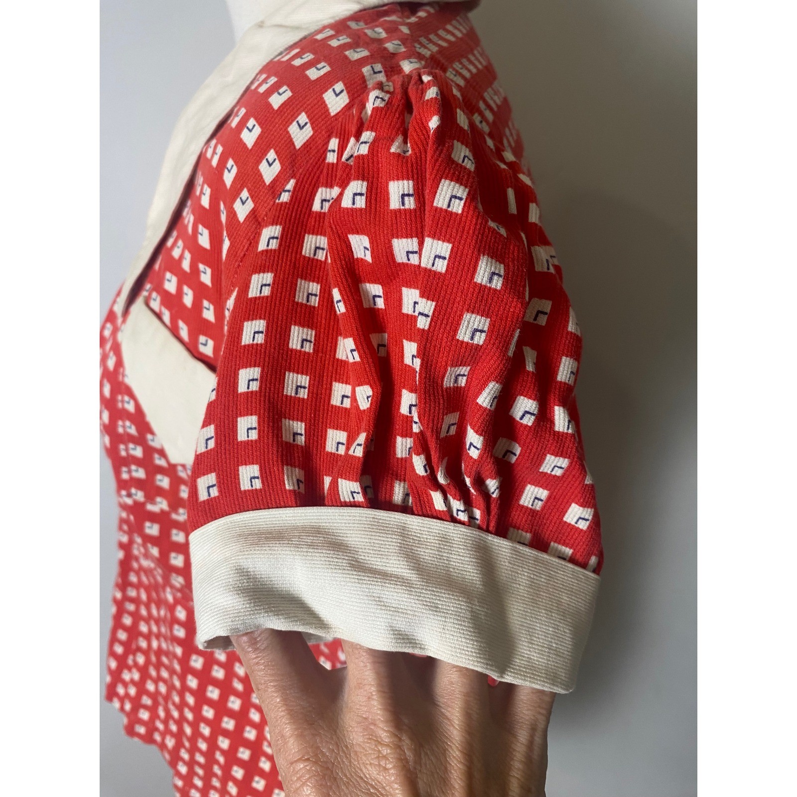 Vintage 1940s Red Geometric Print Blouse Puff Shoulder Top Retro M/L