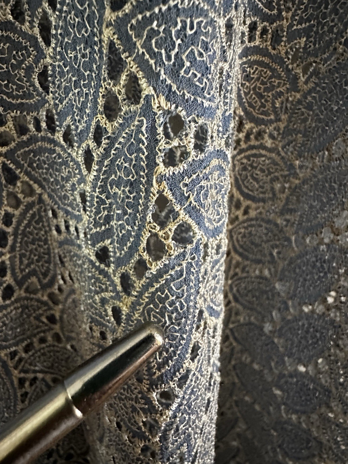 1940s Embroidered Rayon Crepe Cutwork Hostess Lounge Dress Blue Maxi L XL