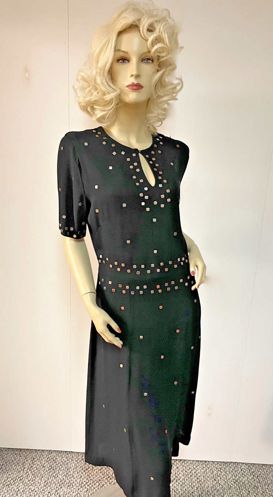 Stunning Prong Set Studded Vintage 1940s Black Rayon Mid Calf Dress Bust 38-39