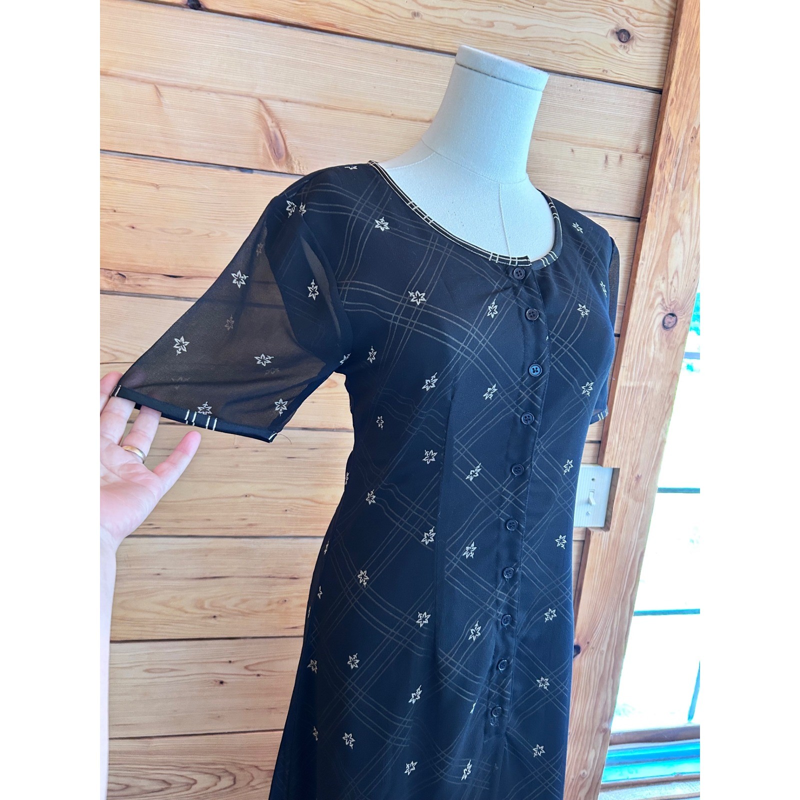Vintage Maxi Dress Womens Medium Black Plaid Mesh Duster East West Clothing Co