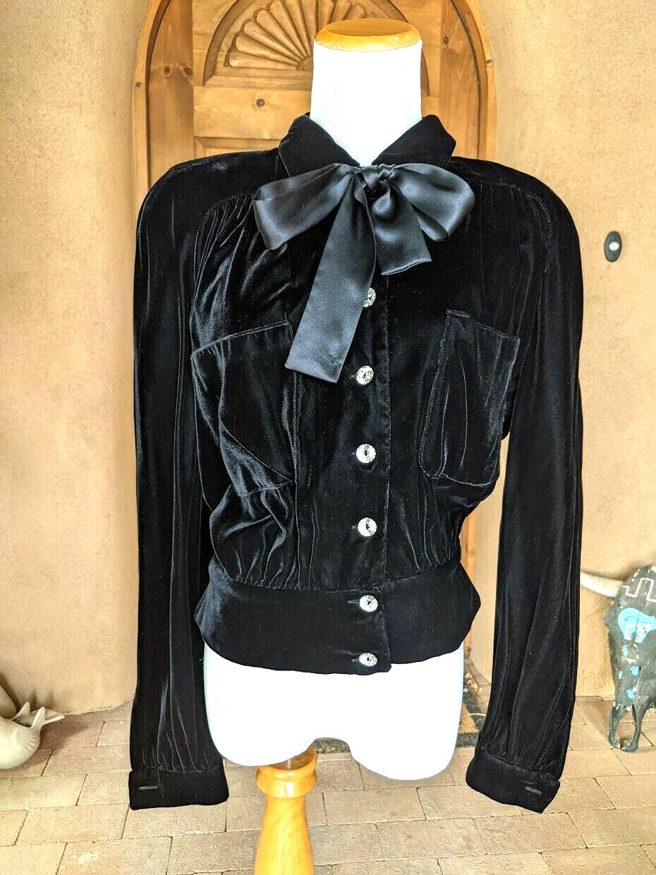 VALENTINO MISS V Black Velvet Jacket Sz XS S Faux Rhinestone Buttons Italy 80&rsquo;s