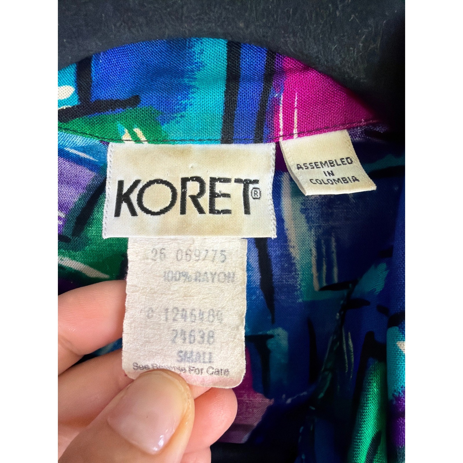 VTG 90s Koret Blouse Womens Small Multicolor Geometric Abstract Tie Front Rayon