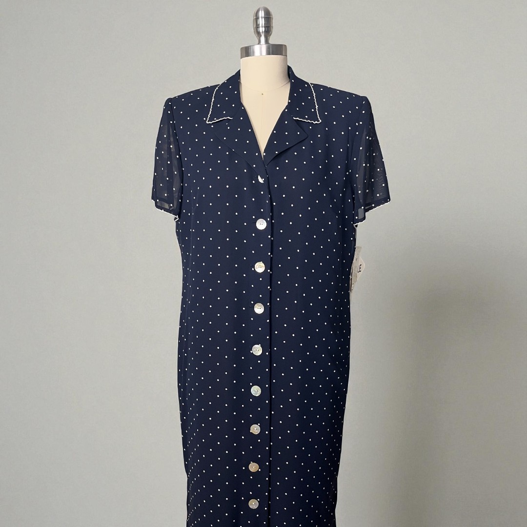 NWT VTG 90s Plaza South Coast 12P Maxi Navy Blue & White Polka Dot Shirt Dress