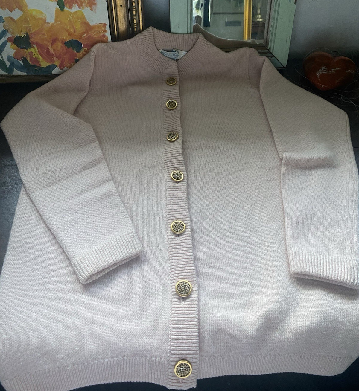 Vtg HOGG OF HAWICK Pink Cardigan 100% Scottish Lambswool Gold Crest Button Med