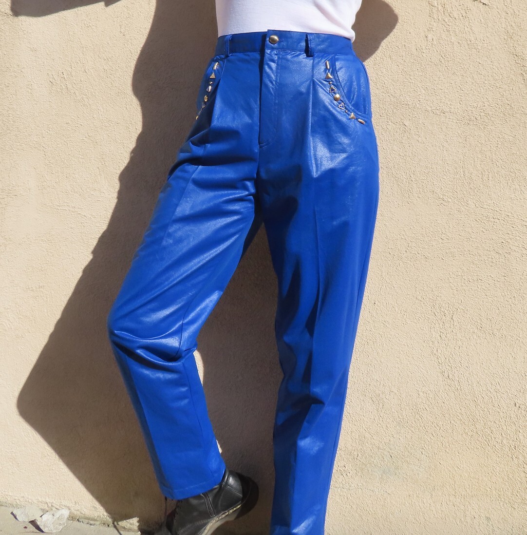 1980s Vintage Shiny Blue Jewel Pocket Pleated Pants sz Medium / 30-33&Prime; waist