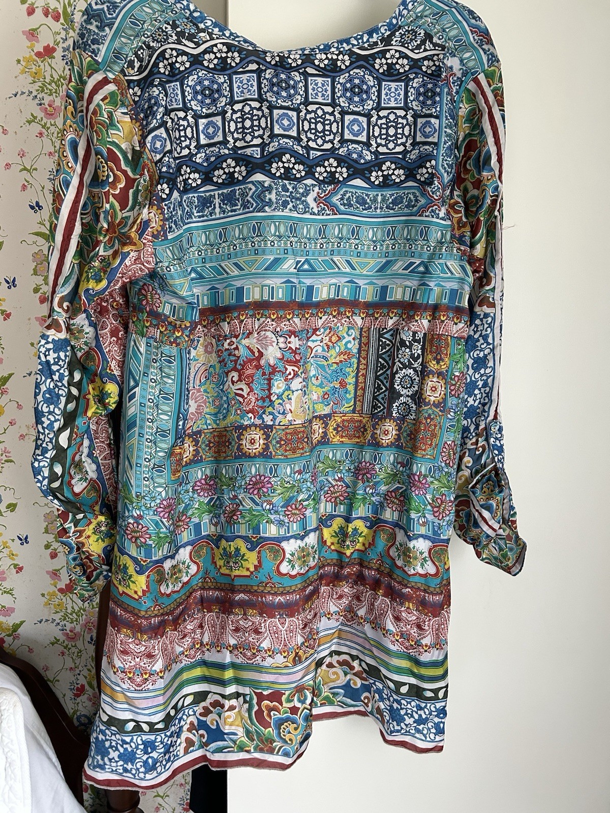 New! Johnny Was Silk Frame Tunic Multicolor Patchwork Boho Blouse Medium