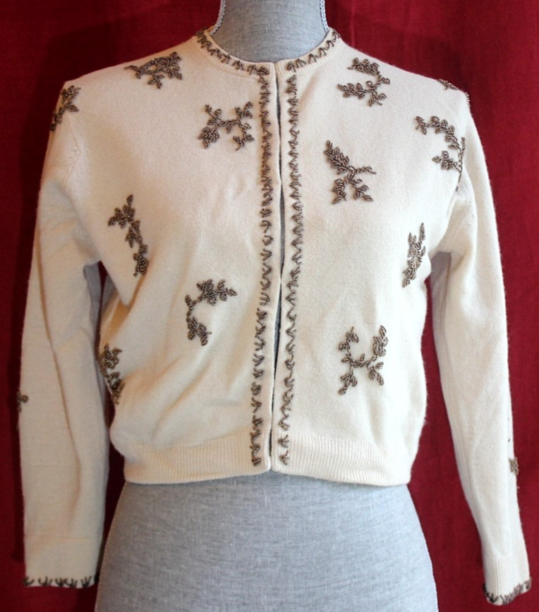 Vtg Beaded Cardigan Wool Sweater Fur Blend Hong Kong sz 2-4 1950s Beige & Bronze