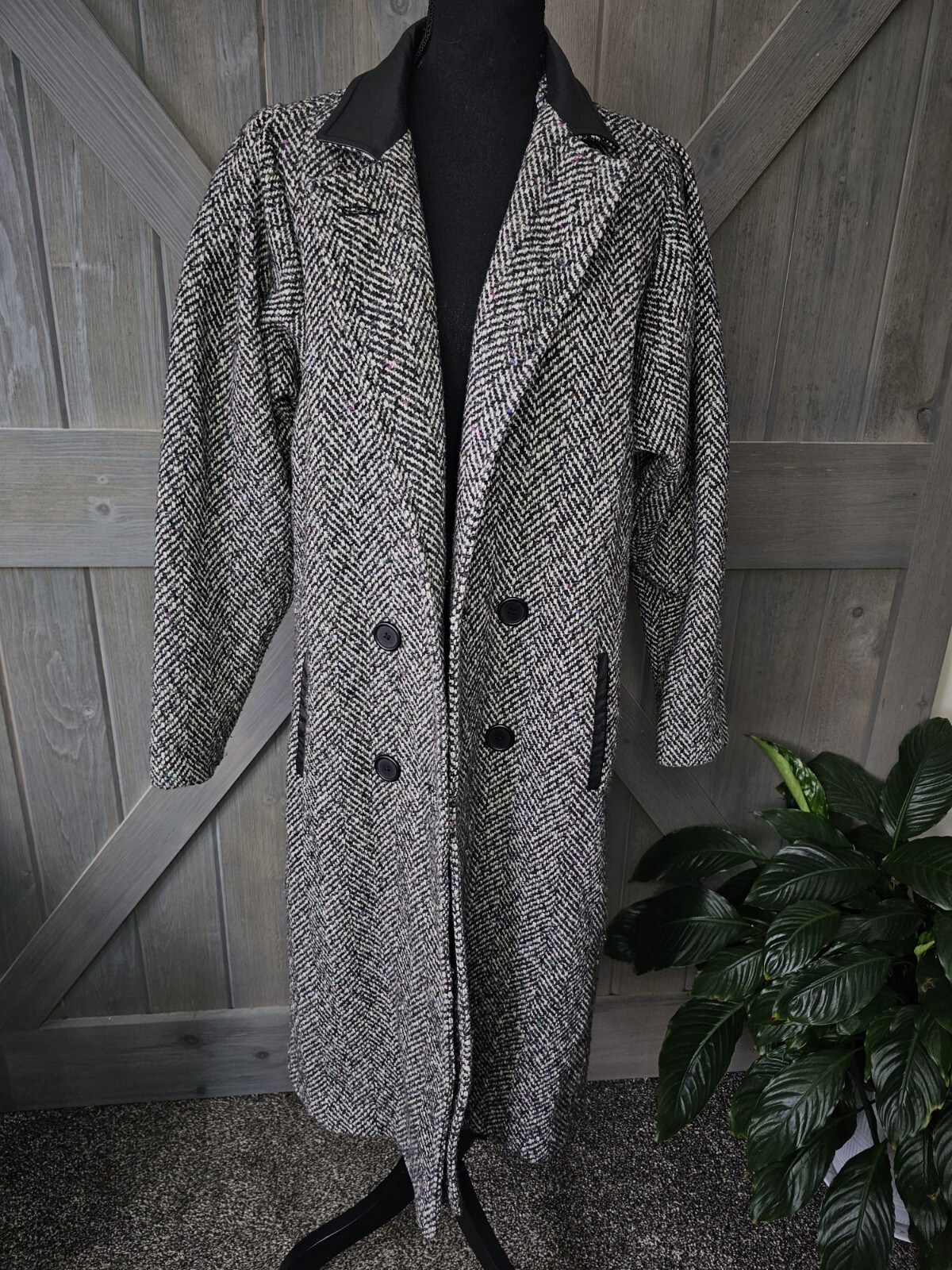 Vintage 90&rsquo;s Women&rsquo;s Leather Trim Tweed New York Girl Winter Long Coat sz 10