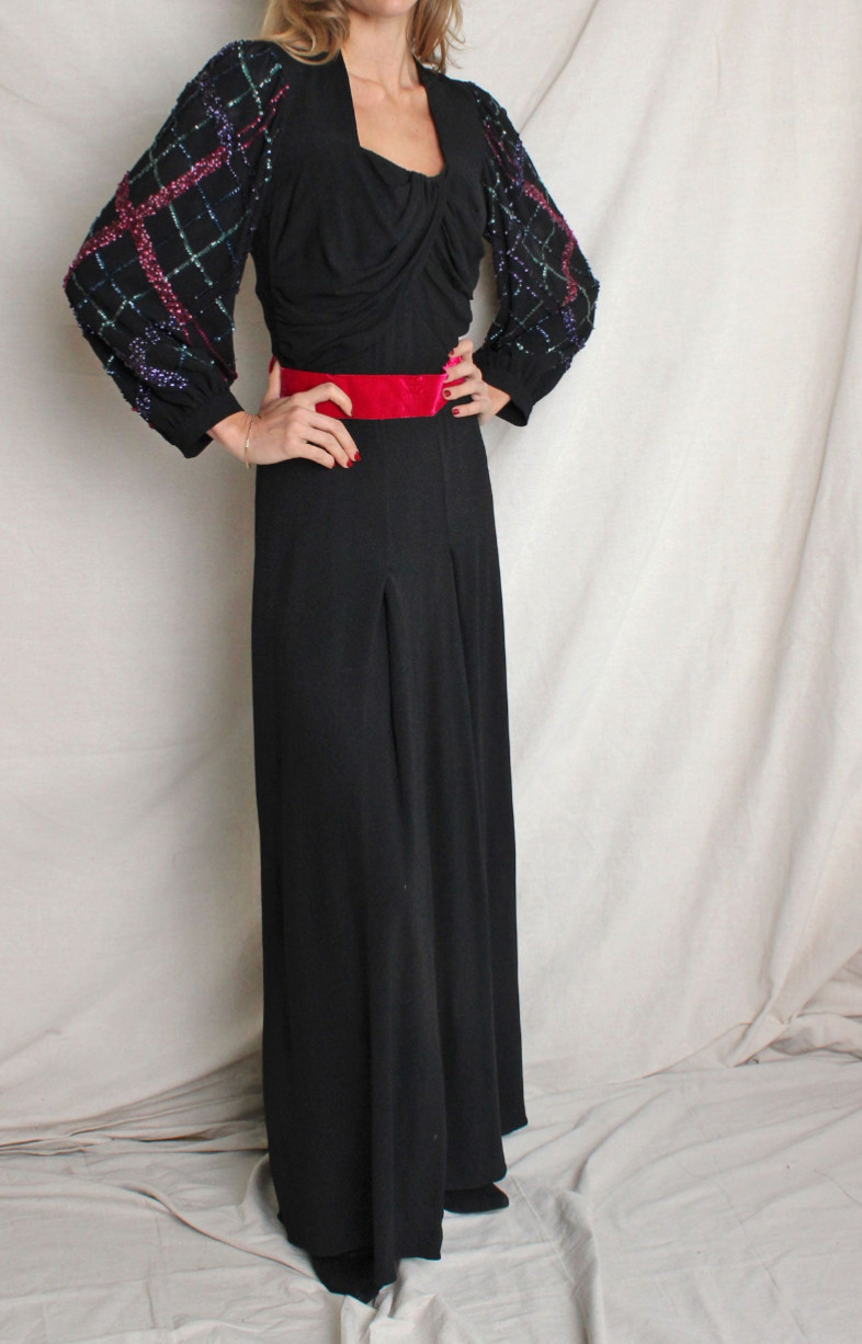 1940s vintage balloon sleeve sequin gown crepe black dress long draped pleated