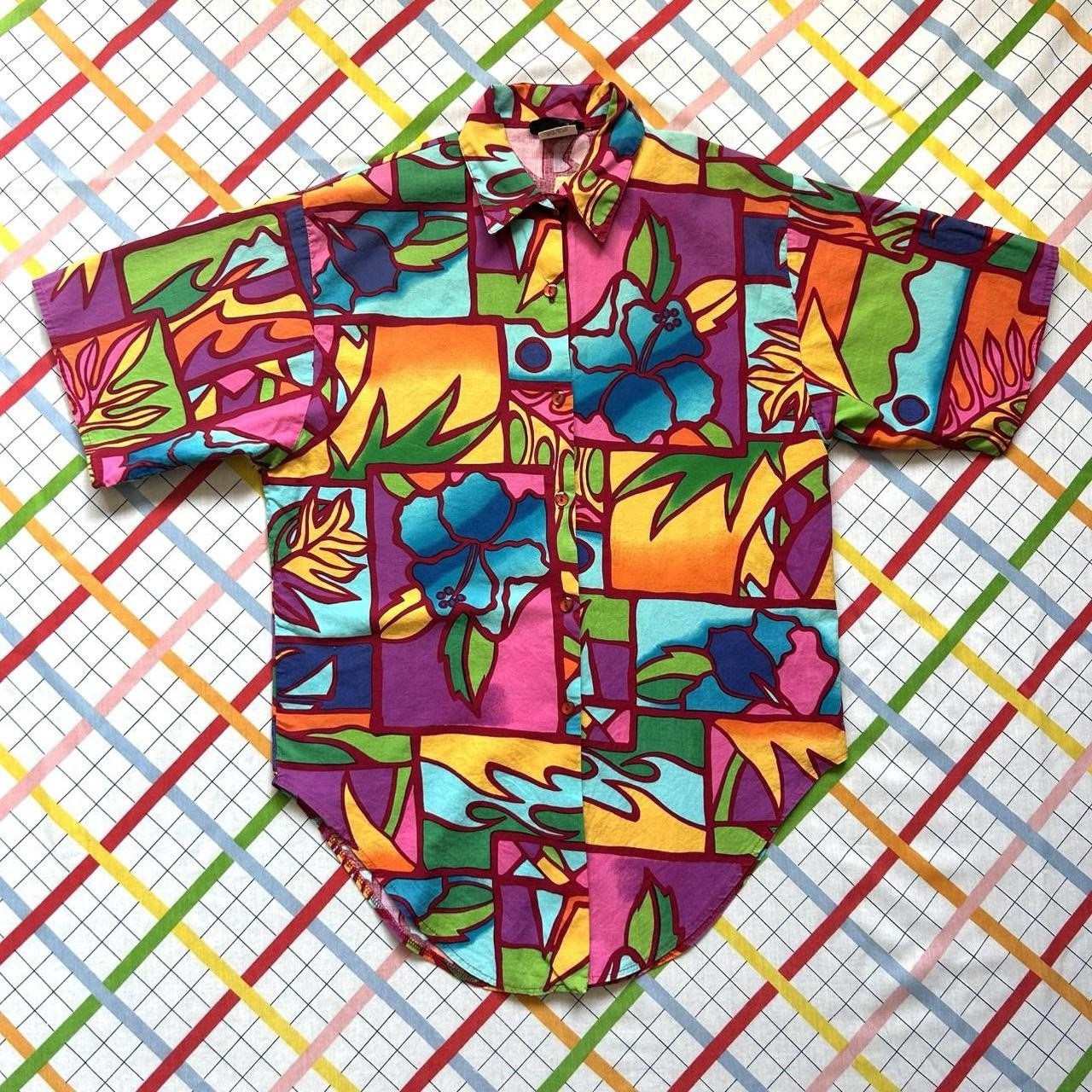 Vintage Vicky Barr 90s Hawaiian Shirt Women Medium Bright Abstract Floral Print