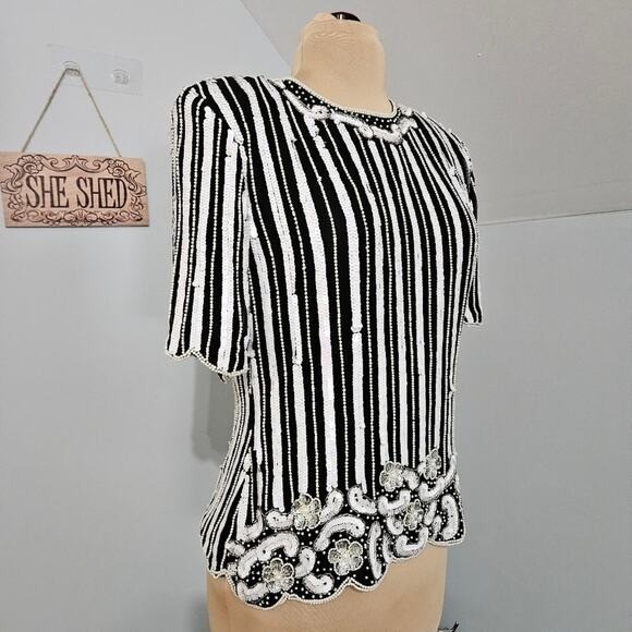 Stenay Vintage 100% Silk Beaded Sequin Top Black White Stripe Floral Scalloped L