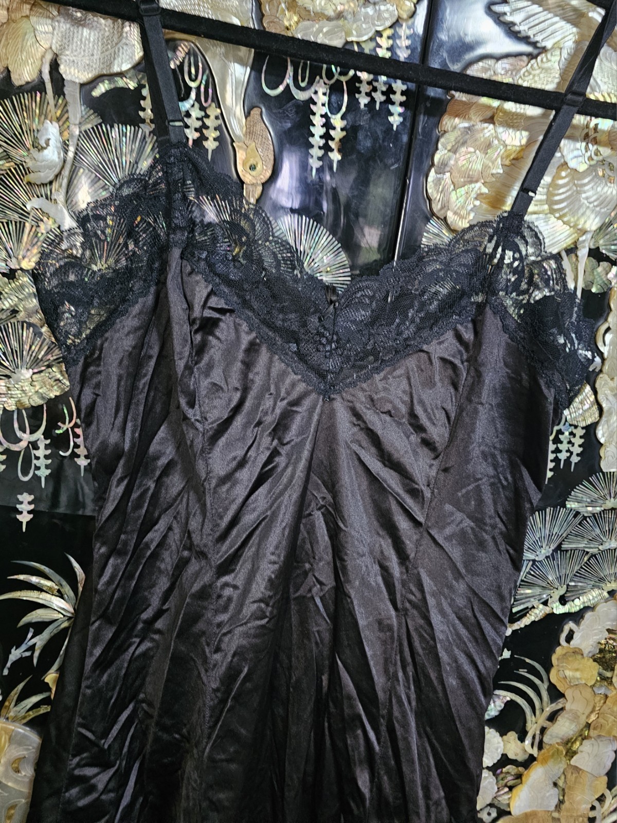 Vintage Collectible Classics SATIN NYLON Lace Slip Dress Black Made In USA 34