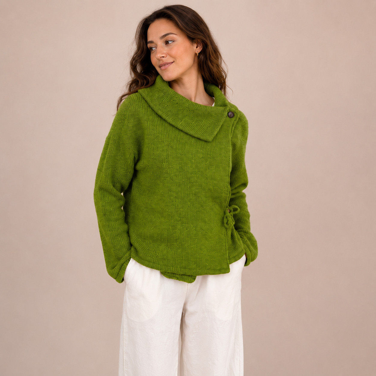 Vintage 100% Wool Green Cardigan Jacket Handmade Nepal Boho Lined L